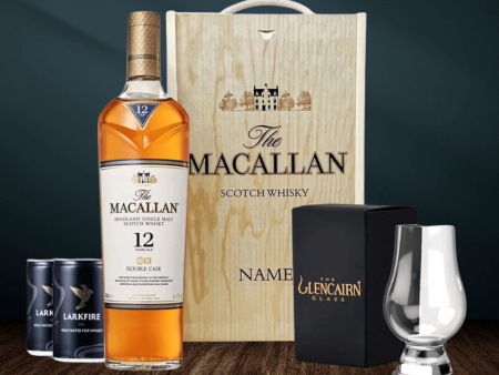 Personalised Macallan 12 Year Double Cask Scotch Whisky Gift Set with Glencairn Glass & Larkfire Whisky Water on Sale