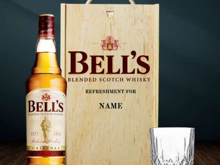 Personalised Bells Blended Scotch Whisky Gift Set In Wooden Box With Glass - 40% ABV (70cl) For Sale