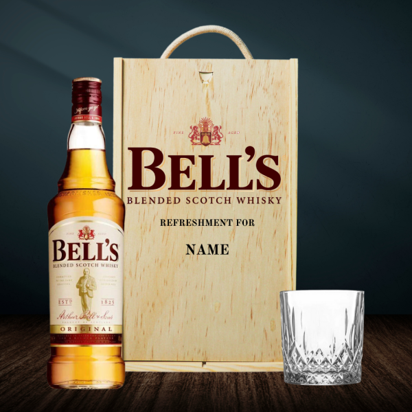 Personalised Bells Blended Scotch Whisky Gift Set In Wooden Box With Glass - 40% ABV (70cl) For Sale