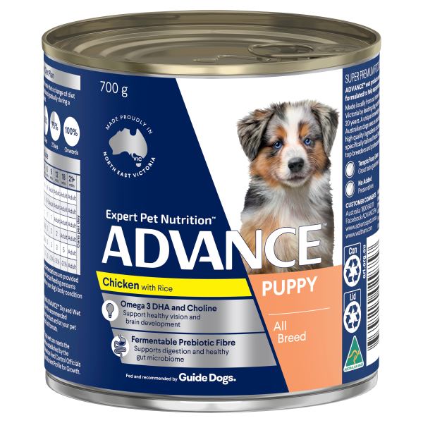 Advance Chicken and Rice All Breed Puppy Wet Dog Food Can 700g x 12 on Sale