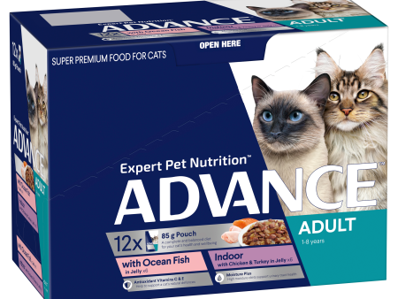 Advance Ocean Fish & Indoor Chicken & Turkey Adult Wet Cat Food Trays 85g x 12 For Sale