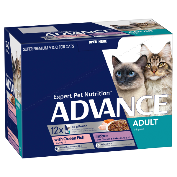 Advance Ocean Fish & Indoor Chicken & Turkey Adult Wet Cat Food Trays 85g x 12 For Sale