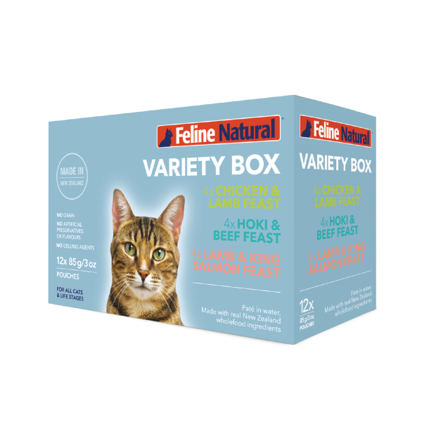 Feline Natural Grain Free Pouches Variety Box 85g x 12 on Sale