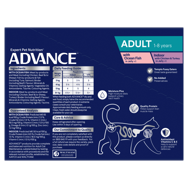 Advance Ocean Fish & Indoor Chicken & Turkey Adult Wet Cat Food Trays 85g x 12 For Sale